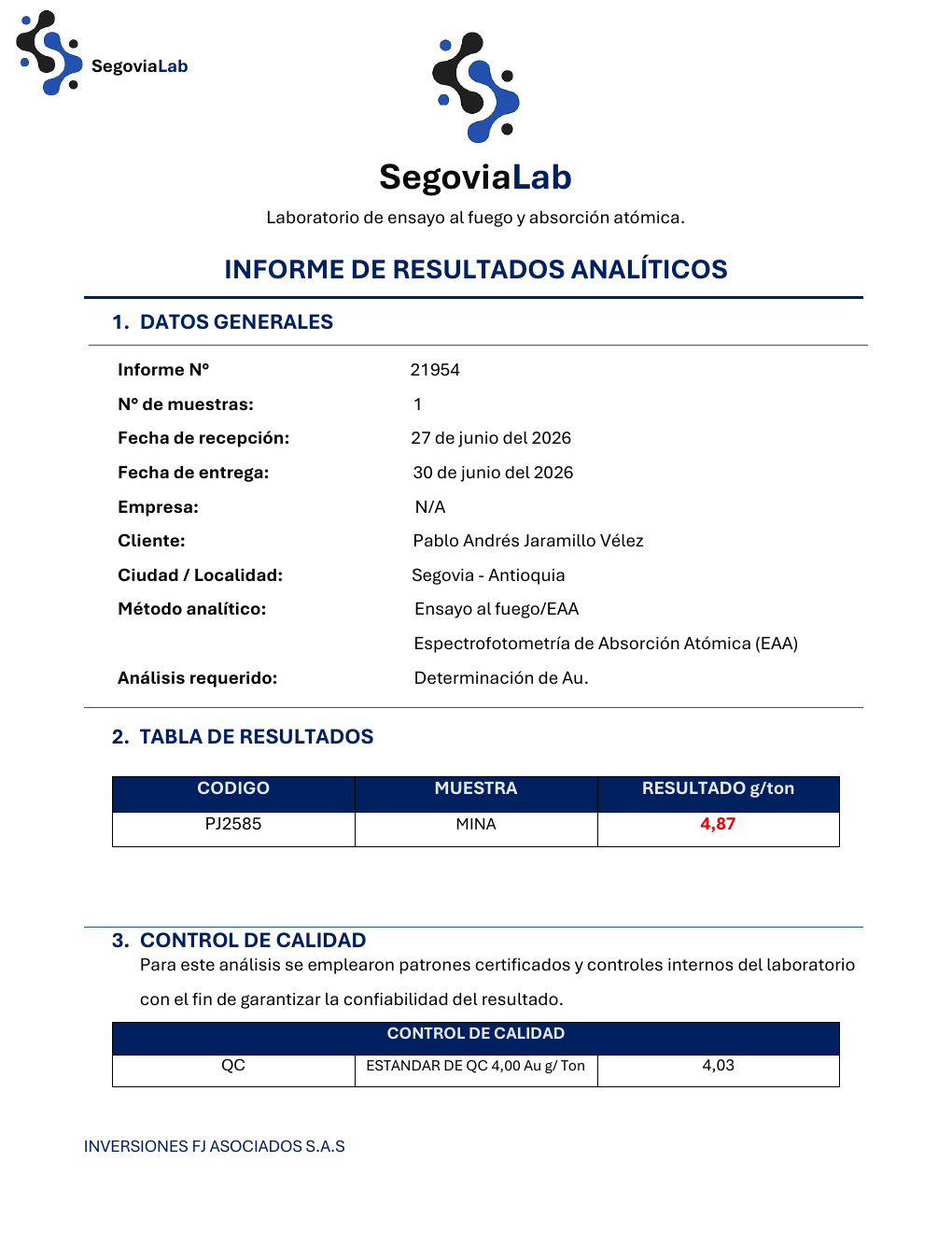 Ejemplo de informe analítico de SegoviaLab